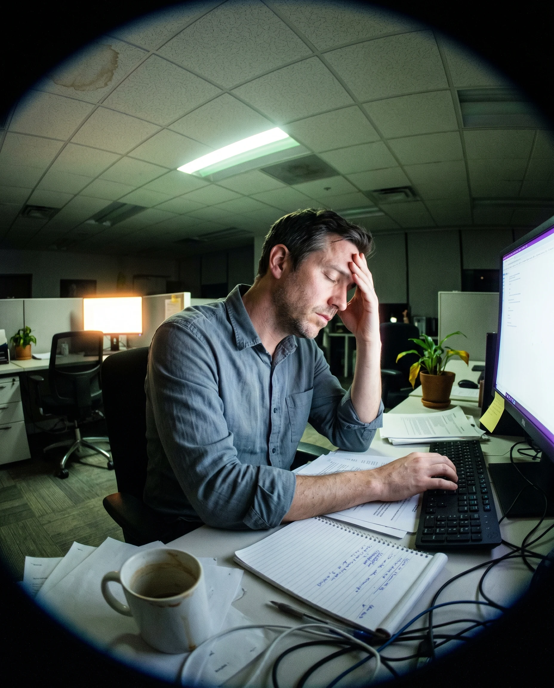 Hands on a keyboard mid-stuck — the frustration of work locked inside vendor accounts.