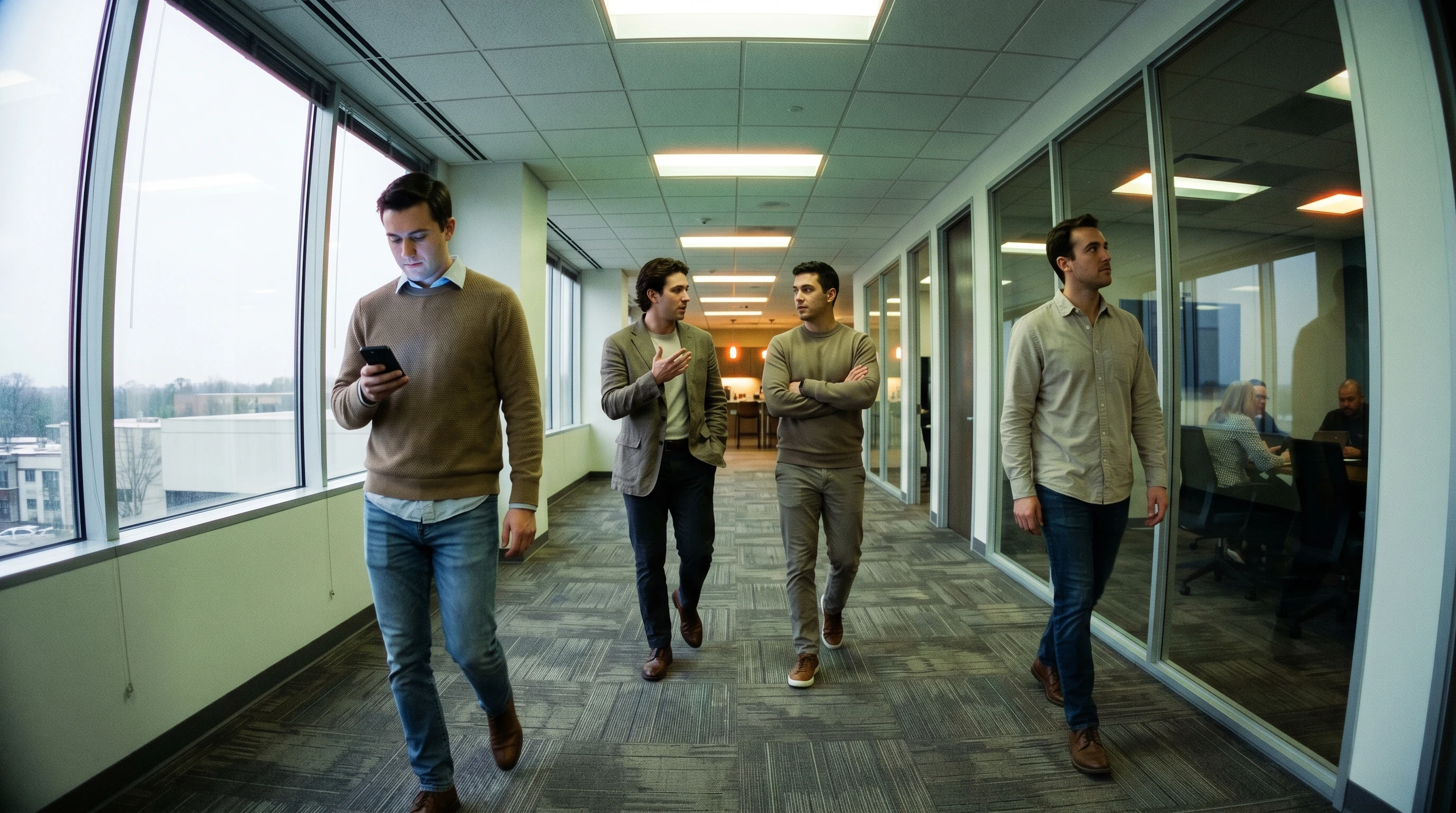 A mixed-company training cohort working together in an unposed moment.