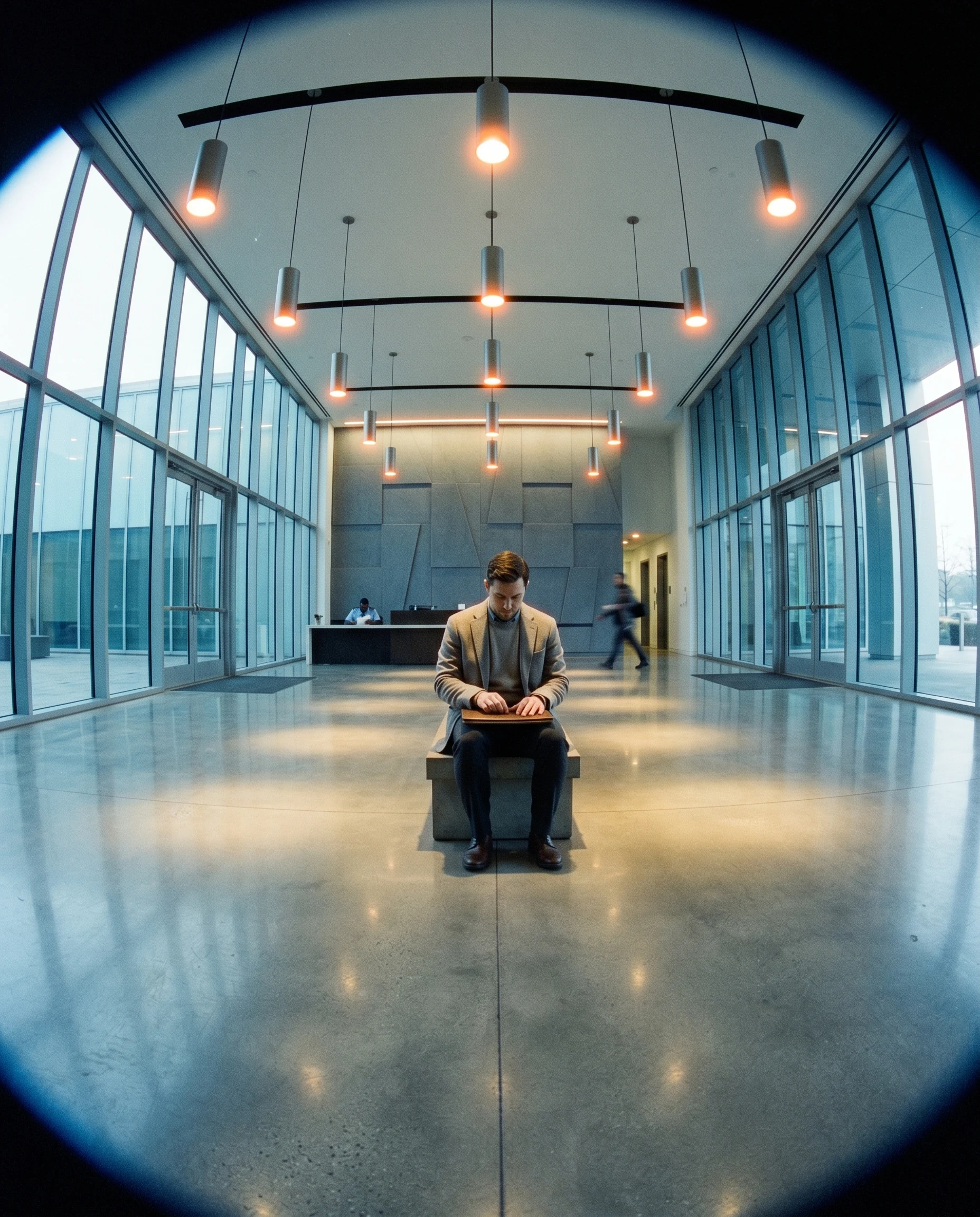 A lobby waiting space — the in-between where strategic decisions get made before they reach the boardroom.