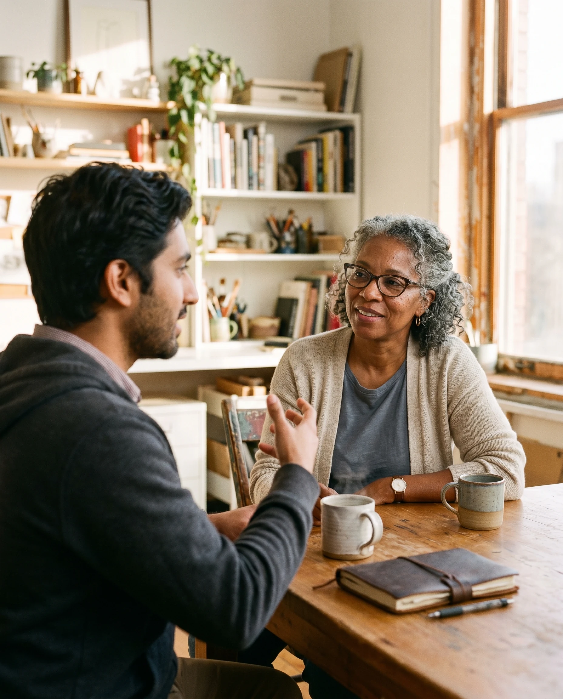 A mentorship conversation across a small table — the shape of monthly coaching.