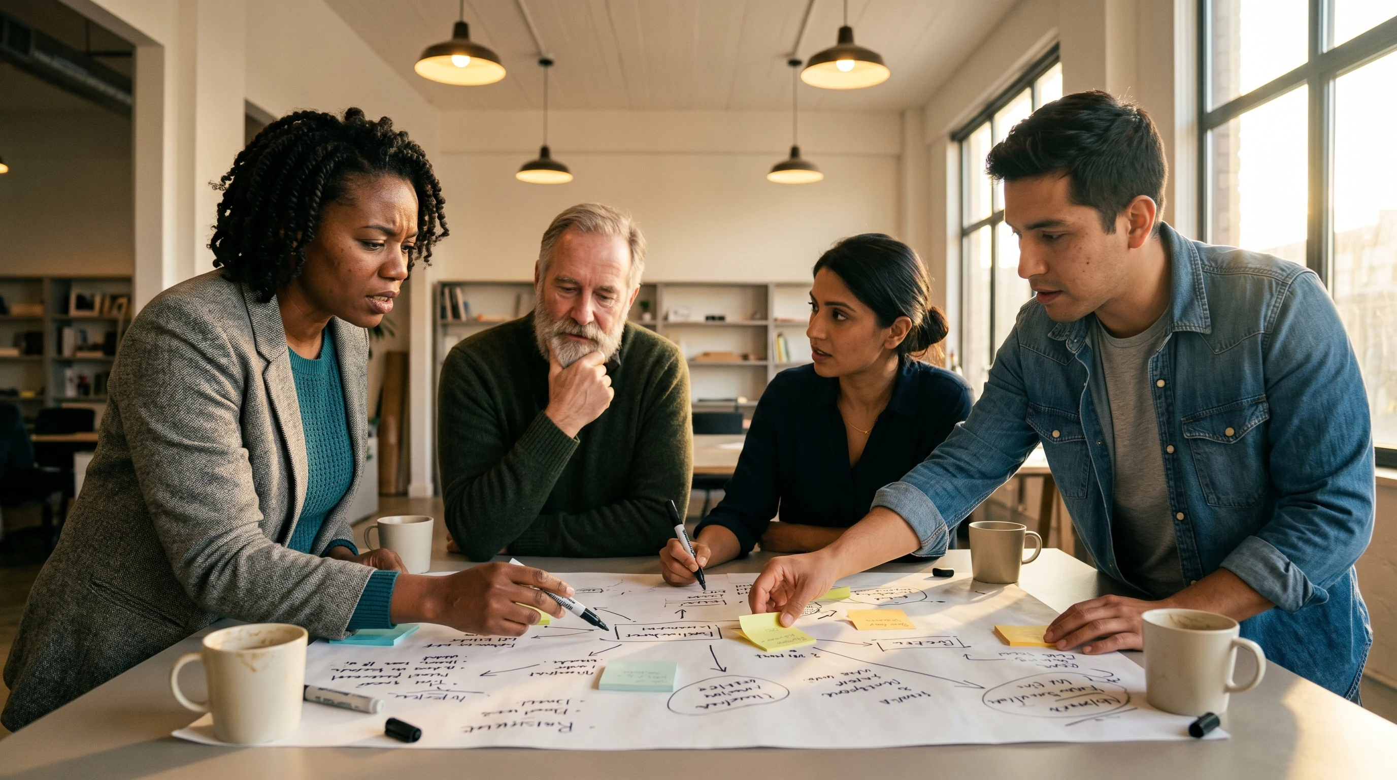A small team brainstorming in a well-lit room — the right tier for teams putting AI on its first organized footing.