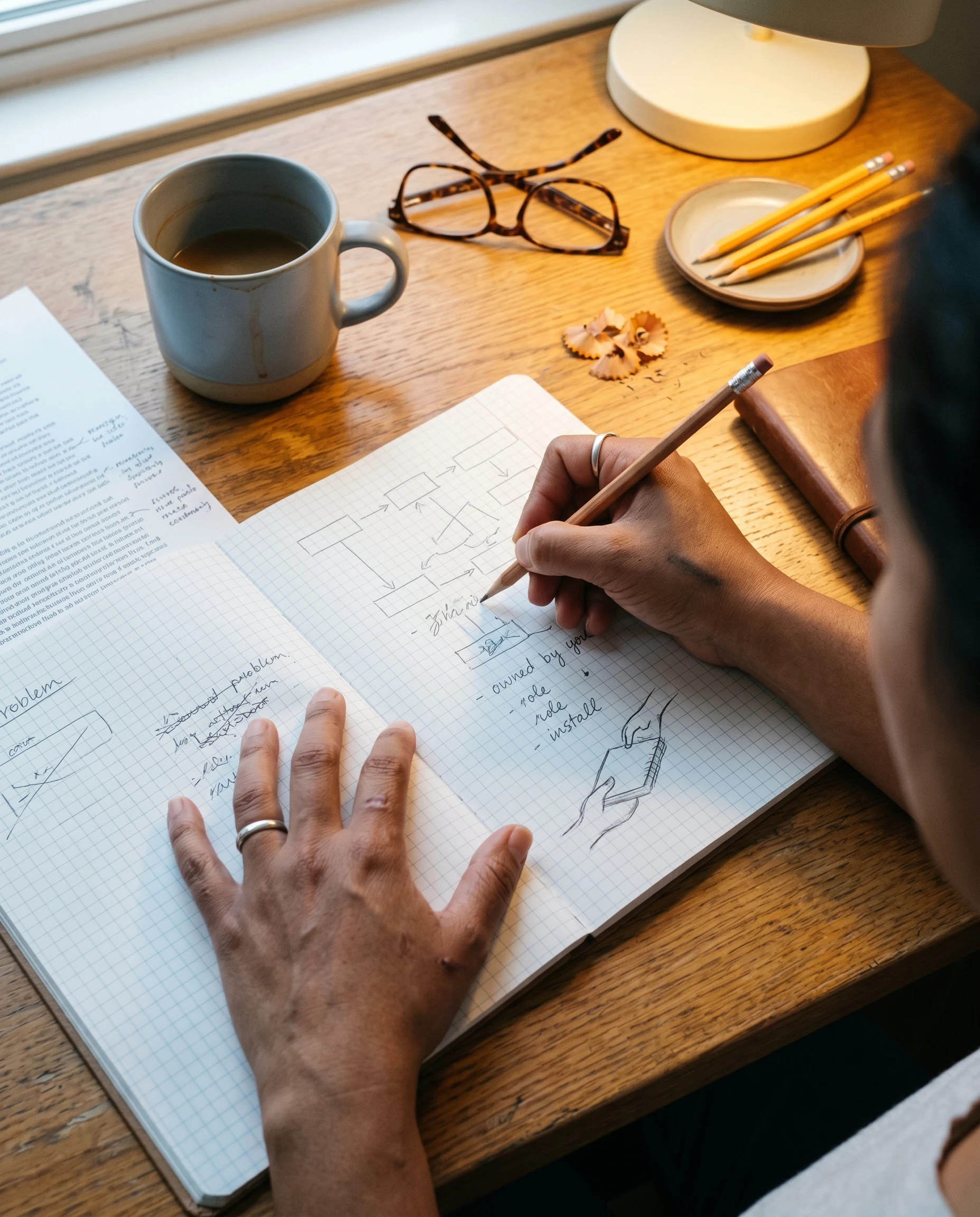 An open notebook on a quiet desk — the scattered notes that should have compounded into a brain.